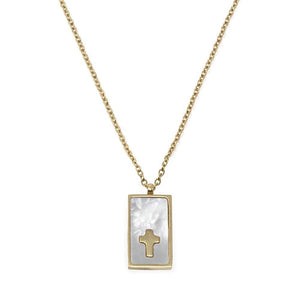 Stainless Steel Cross MOP Necklace GoldPl - Mimmic Fashion Jewelry