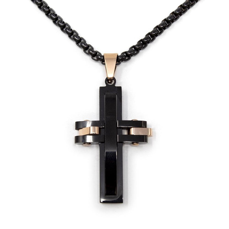 Stainless Steel Cross Pendant Two Tone Black Rose - Mimmic Fashion Jewelry