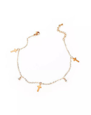 Stainless Steel Cross and CZ Charms Anklet Rose Gold Plated