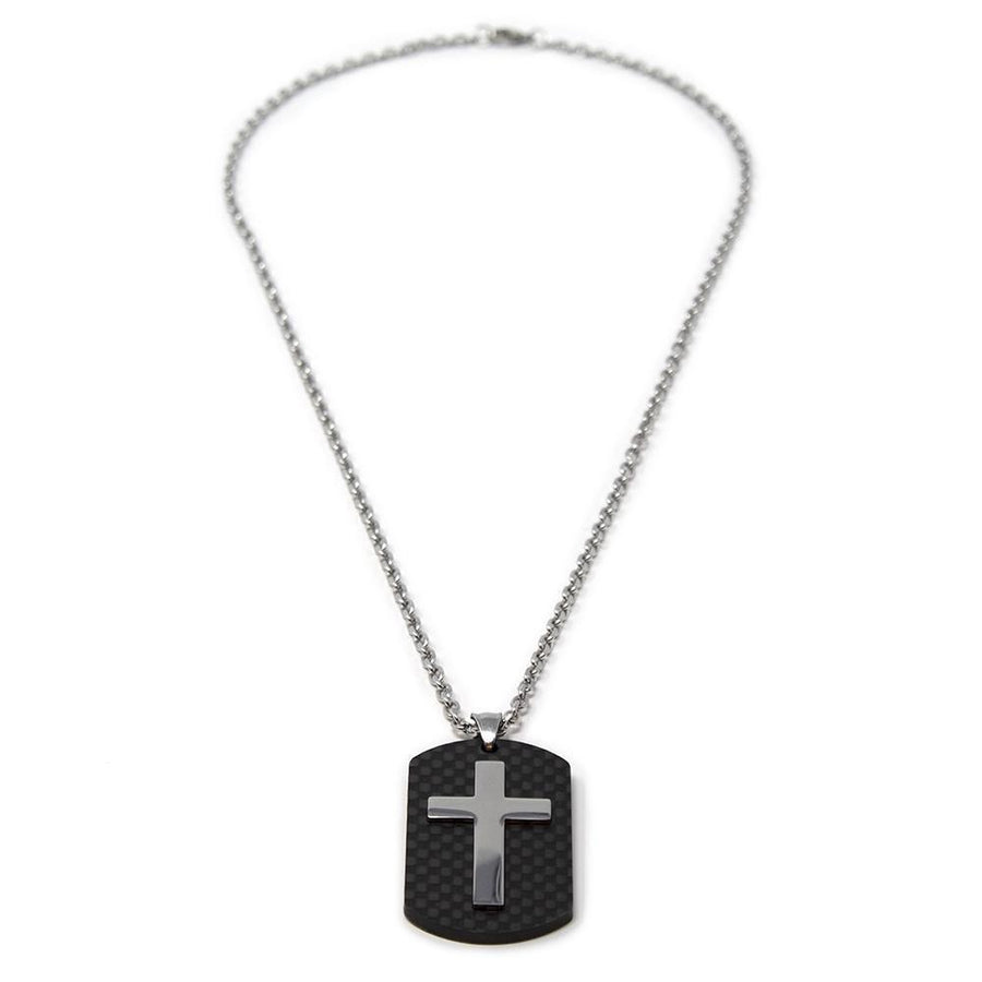 Stainless Steel Cross in Carbon Fiber Tag Necklace - Mimmic Fashion Jewelry