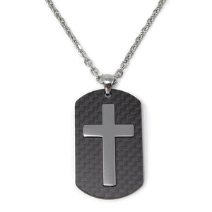 Stainless Steel Cross in Carbon Fiber Tag Necklace - Mimmic Fashion Jewelry