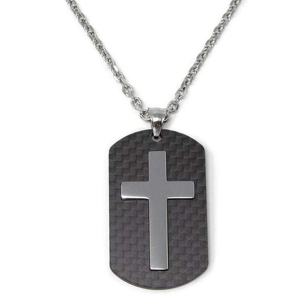 Stainless Steel Cross in Carbon Fiber Tag Necklace