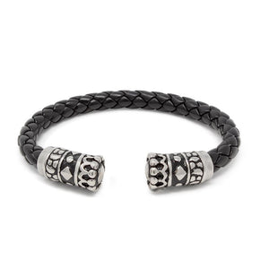 Stainless St Crown Braided Leather Bangle Black - Mimmic Fashion Jewelry