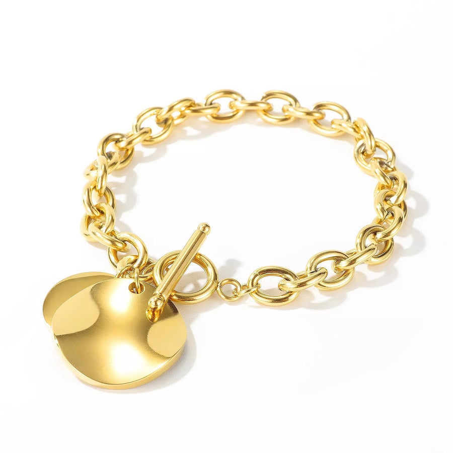 Stainless Steel Disc Charm Toggle Clasp Chain Bracelet Gold Plated