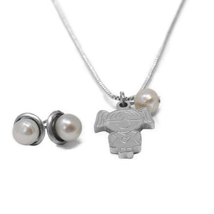 Stainless St Girl and Pearl Charm Neck/Earrings Set - Mimmic Fashion Jewelry