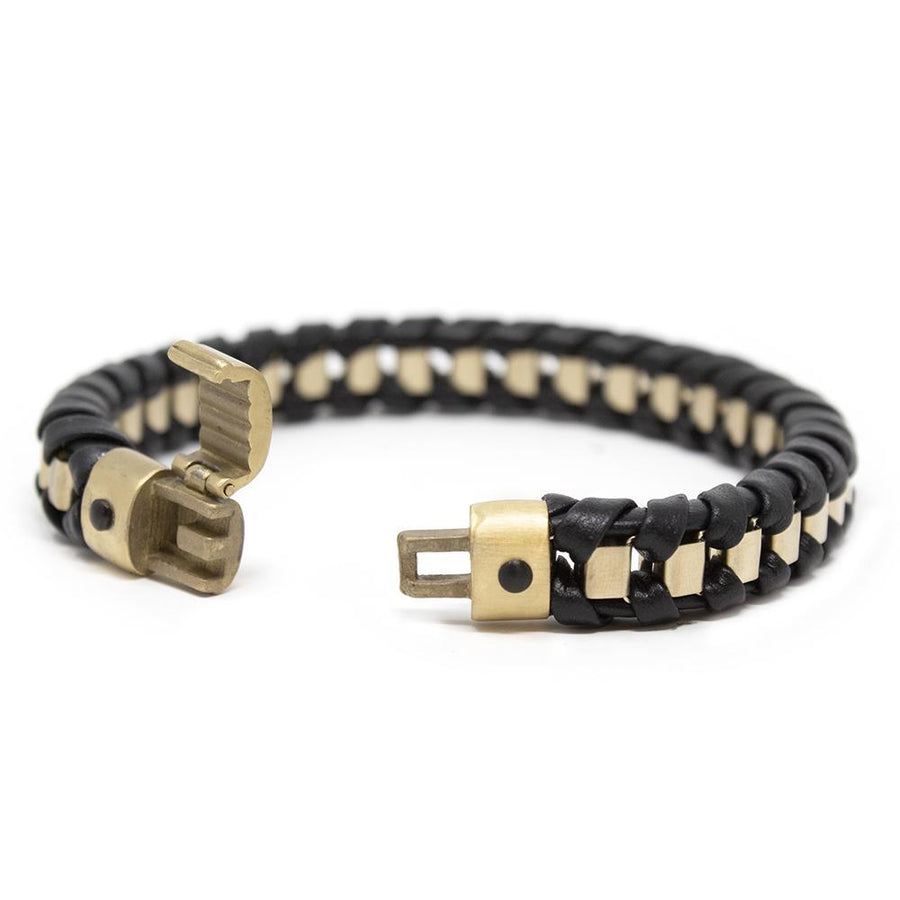 Stainless Steel Gold Ion Plated Black Leather Bracelet - Mimmic Fashion Jewelry