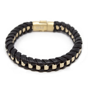 Stainless Steel Gold Ion Plated Black Leather Bracelet - Mimmic Fashion Jewelry