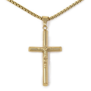Stainless Steel Gold Plated Box Chain with Crucifix Pendant - Mimmic Fashion Jewelry