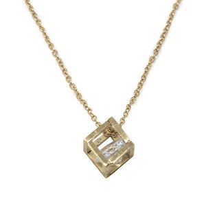 Stainless Steel Gold Plated Necklace with Cube CZ Pendant - Mimmic Fashion Jewelry