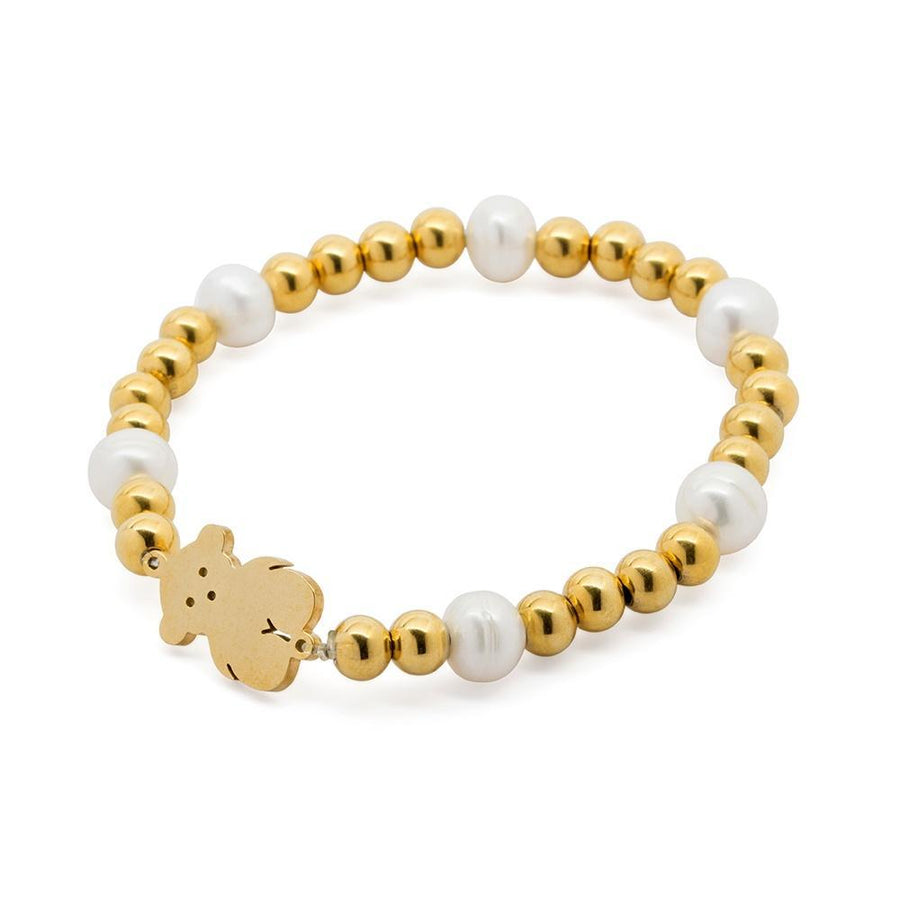 Stainless Steel Gold Plated Pearl Teddy Charm Stretch Bracelet - Mimmic Fashion Jewelry