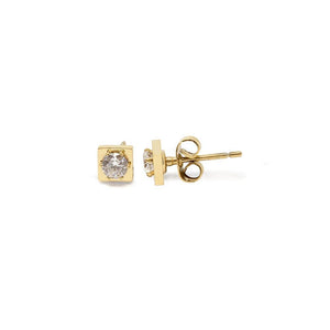 Stainless Steel Gold Plated Square Stud With Round Crystal Earring - Mimmic Fashion Jewelry