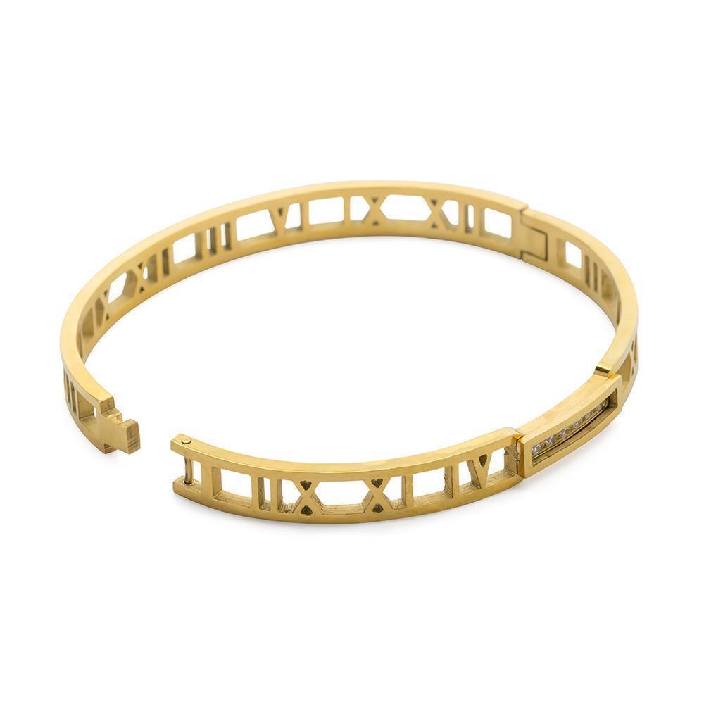 Stainless Steel Gold Roman Numeral Bangle