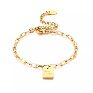 Stainless Steel Good Luck Charm 6" PaperClip Bracelet Gold Plated