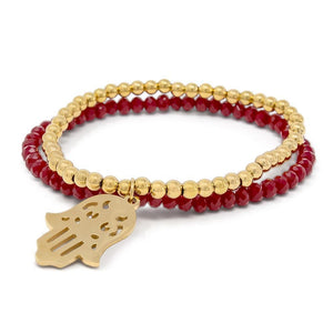 Stainless ST Hamsa Hand in Red Glass Bead Bracelet Gold Pl - Mimmic Fashion Jewelry