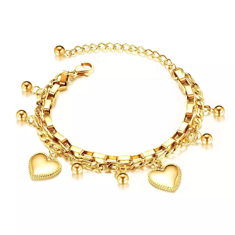 Stainless Steel Heart Charm Layered Box Chain Bracelet Gold Plated