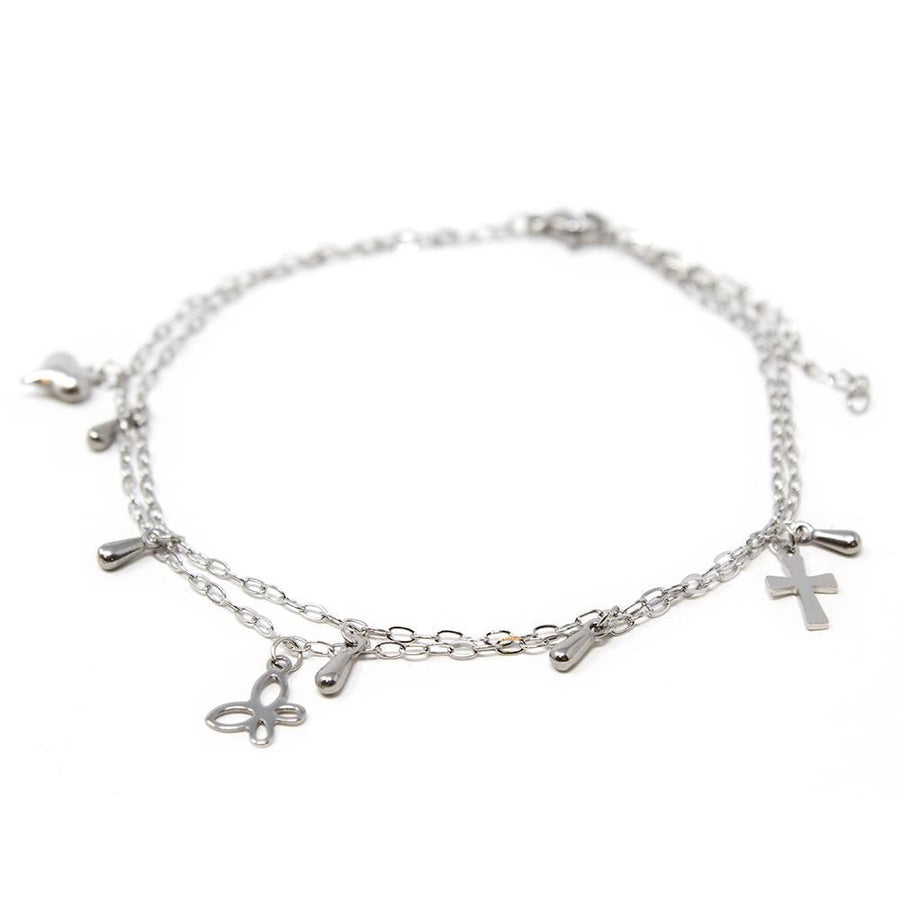Stainless Steel Heart Cross Butterfly Charm Anklet - Mimmic Fashion Jewelry