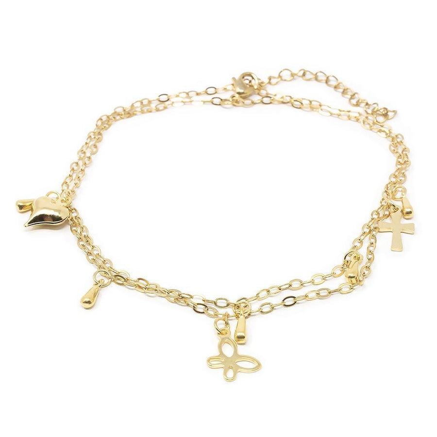 Stainless Steel Heart Cross Butterfly Charms Anklet Gold Plated - Mimmic Fashion Jewelry