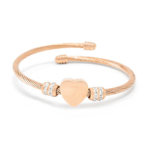 Stainless Steel Heart with Pave Station Cable Bangle Rose Gold Plated - Mimmic Fashion Jewelry