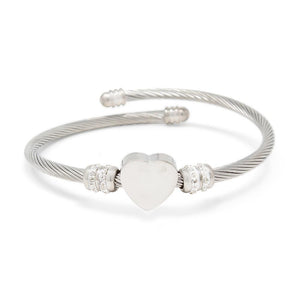 Stainless Steel Heart with Pave Station Cable Bangle - Mimmic Fashion Jewelry