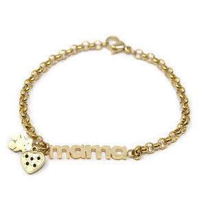 Stainless Steel Heart/Bear Charm Mama Bracelet Gold Plated - Mimmic Fashion Jewelry