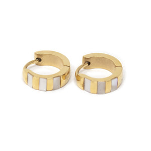 Stainless Steel Huggie Earrings MOP Stripe Inlay Gold Plated - Mimmic Fashion Jewelry