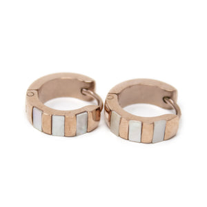 Stainless Steel Huggie Earrings MOP Stripe Inlay Rose Gold Plated - Mimmic Fashion Jewelry