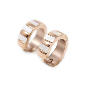 Stainless Steel Huggie Earrings MOP Stripe Inlay Rose Gold Plated - Mimmic Fashion Jewelry