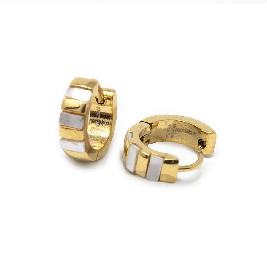 Stainless Steel Huggie Hoop Ear MOP Inlay Gold Plated - Mimmic Fashion Jewelry