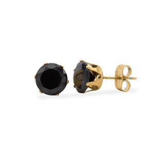 Stainless Steel Ion Plated Gold Stud Earrings Black CZ Size 8 - Mimmic Fashion Jewelry