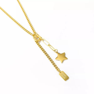 Stainless Steel Lariat Necklace With Happy Face and Star Charm Gold Plated