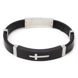 Stainless Steel Leather Bracelet Cross Station Black - Mimmic Fashion Jewelry
