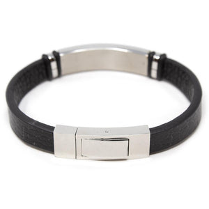 Stainless Steel Leather Bracelet W Fiber Station Black - Mimmic Fashion Jewelry