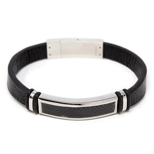 Stainless Steel Leather Bracelet W Fiber Station Black - Mimmic Fashion Jewelry
