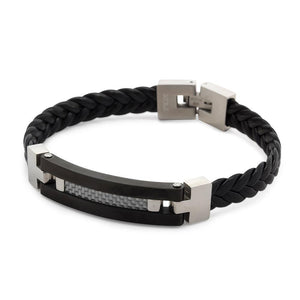 Stainless St leather bracelet with grey carbon fiber inlaid - Mimmic Fashion Jewelry