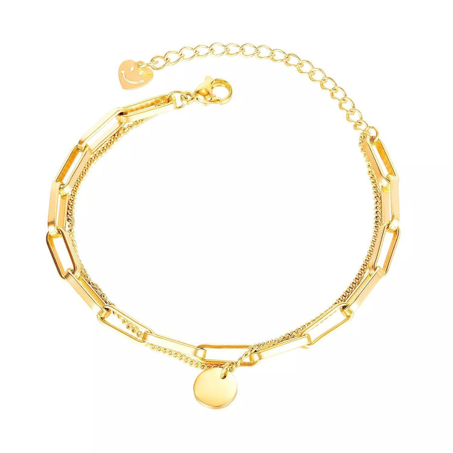 Stainless Steel Link Chain Bracelet With Happy Face Charm Gold Plated