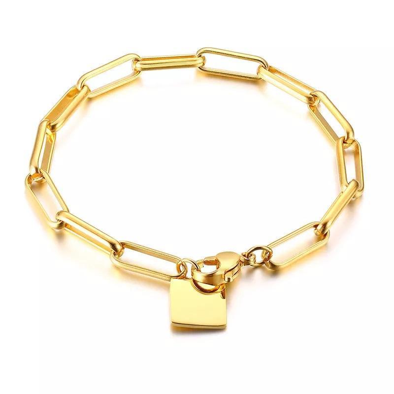 Stainless Steel Link Chain Bracelet With Square Charm Gold Plated