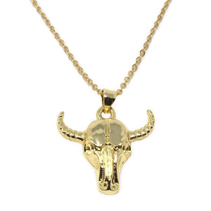 Stainless St. LongHorn Skull Pendant in Chain Gold Pl - Mimmic Fashion Jewelry