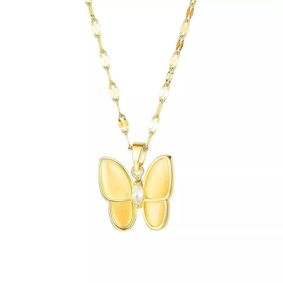 Stainless Steel MOP Butterfly Pendant 16"Necklace Gold Plated