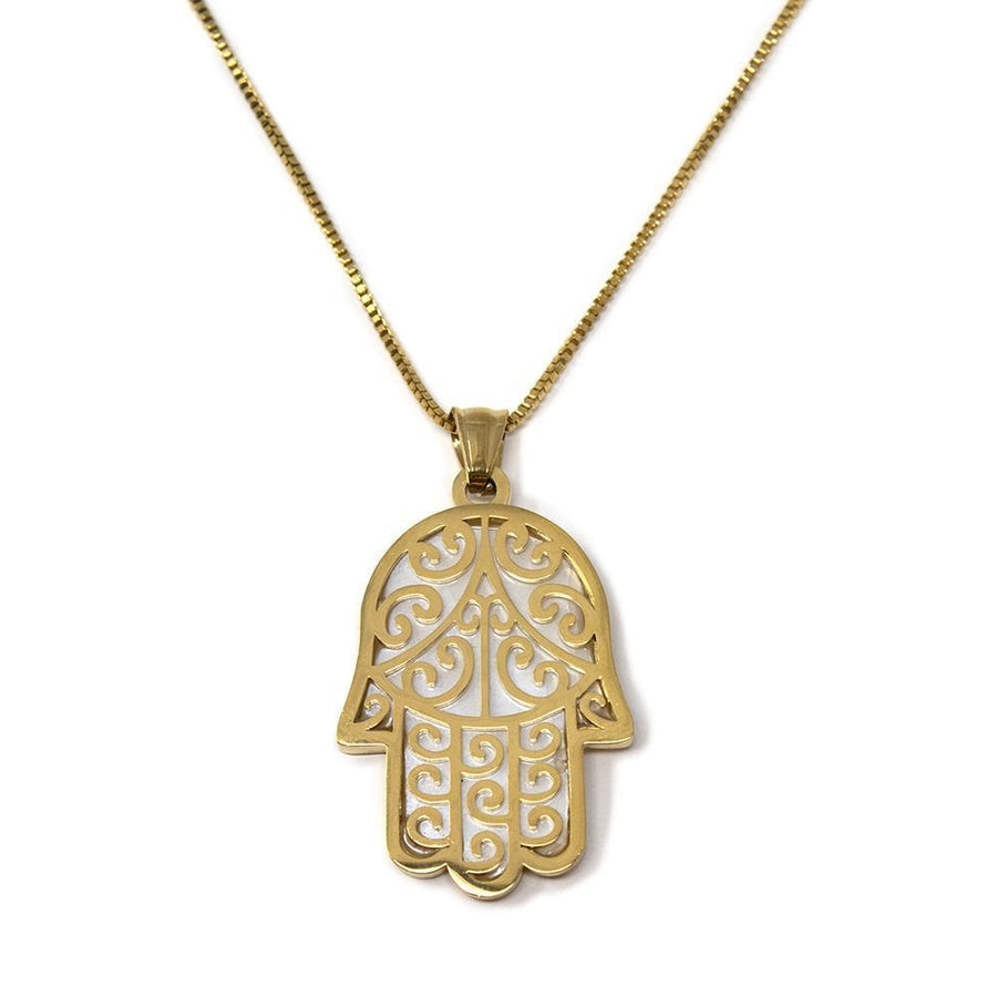 Stainless Steel MOP Hamsa Hand Long Necklace Gold Plated - Mimmic Fashion Jewelry