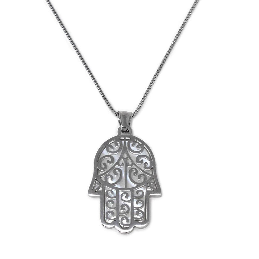 Stainless Steel MOP Hamsa Hand Long Necklace - Mimmic Fashion Jewelry