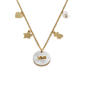 Stainless Steel MOP Love/Bear Charm Necklace Gold Plated - Mimmic Fashion Jewelry