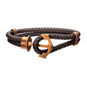 Stainless St Men's Black Leather Bracelet w Brown IP Anchor - Mimmic Fashion Jewelry