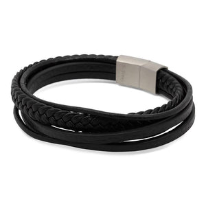 Stainless St Multi string Leather Bracelet Black - Mimmic Fashion Jewelry