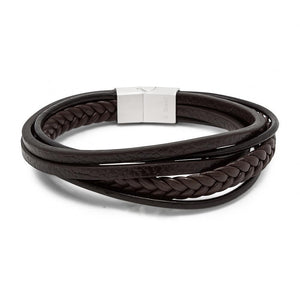 Stainless St Multi string Leather Bracelet Brown - Mimmic Fashion Jewelry