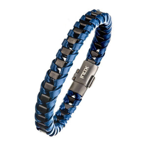 Stainless St Navy Leather with Gun Metal IP Bracelet - Mimmic Fashion Jewelry