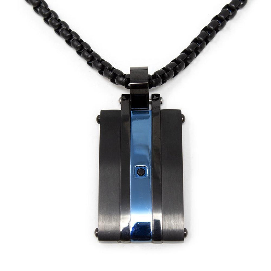 Stainless Steel Necklace Matte Black Blue Ion Plated Black Cubic Zirconia Pendant on Chain - Mimmic Fashion Jewelry
