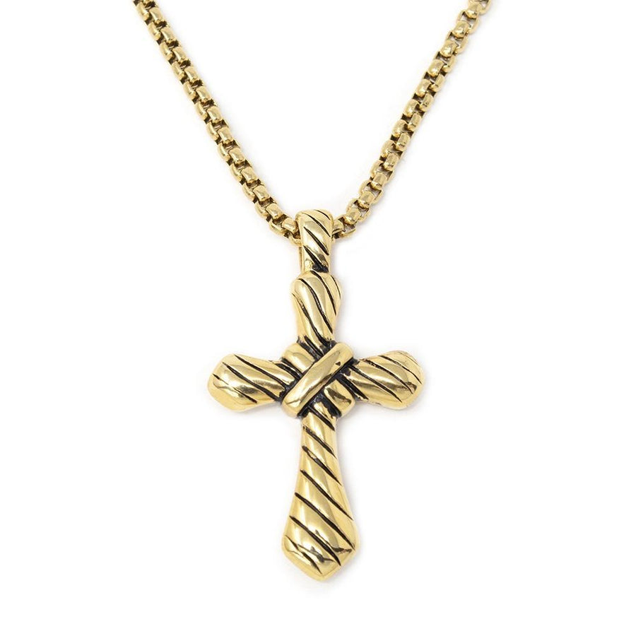 Stainless Steel Necklace W Striped Cross Pendant Gold Pl - Mimmic Fashion Jewelry