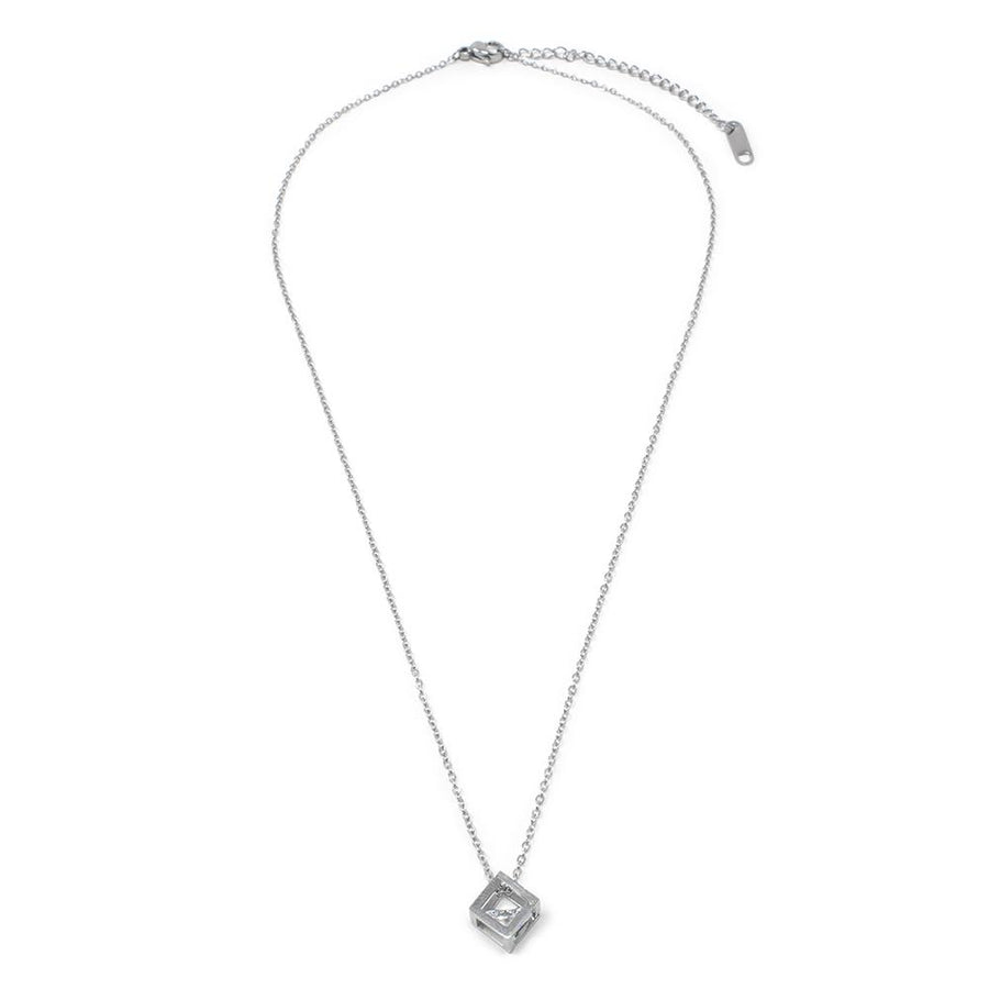 Stainless Steel Necklace with Cube CZ Pendant - Mimmic Fashion Jewelry