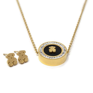 Stainless St Onyx Bear W CZ Pave Neck Earrings Set Gold Pl - Mimmic Fashion Jewelry