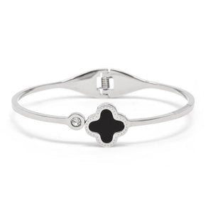 Stainless Steel Onyx/Crystal Flower Bangle - Mimmic Fashion Jewelry
